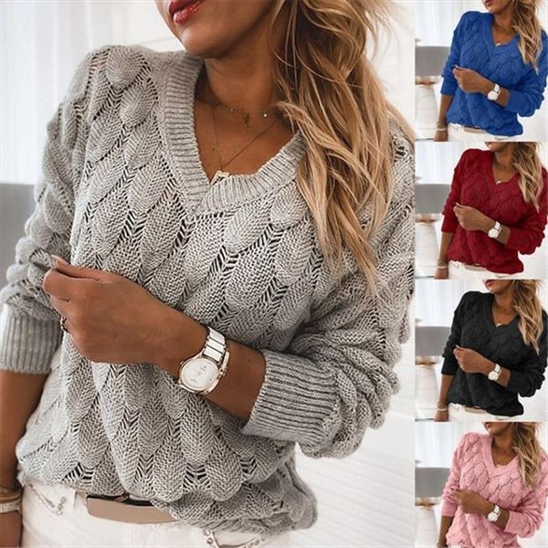 

women knitted autumn and winter womens sweaters hollow out feather pattern long sleeve v neck pullover for female warm, White;black