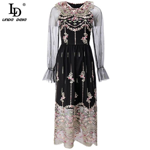 

fashion designer summer vintage party dress women tulle long sleeves hollow out flowers embroidered midi 210522, Black;gray