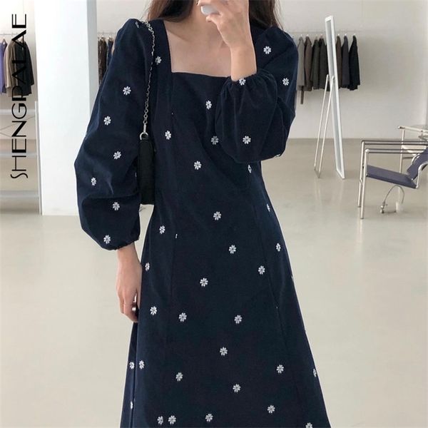 

autumn winter women's loose casual square collar embroidery floral long sleeve black mid-calf a-line dress 8d804 210427, Black;gray