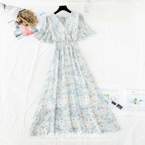 

vintage floral print long dress women elastic waist boho short sleeve ruffle chiffon dress v neck party dresses robe 210521, Black;gray