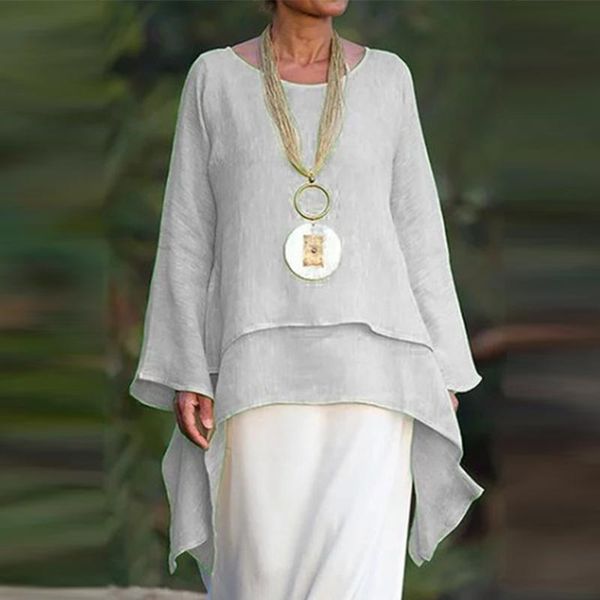 

women's blouses & shirts 2021 women casual loose long sleeve vintage solid double-layered linen tulle blouse pullover female simple bl, White