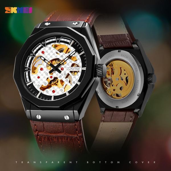 

skmei creative mechanical men watches automatic clock fire leather band relogio masculino reloj hombre 9248, Slivery;brown