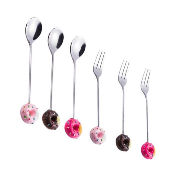 

spoons 4pcs stainless steel dessert spoon cartoon doughnut coffee tea ice cream flatware tableware (pink, brown, blue, red)