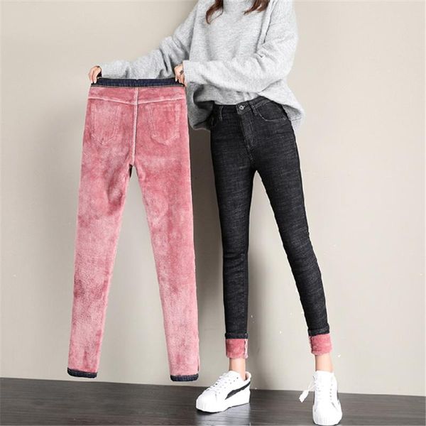 

women's jeans autumn winter fleece thick elasticity high waist pencil pants women streetwear slim denim female buttons ladies, Blue