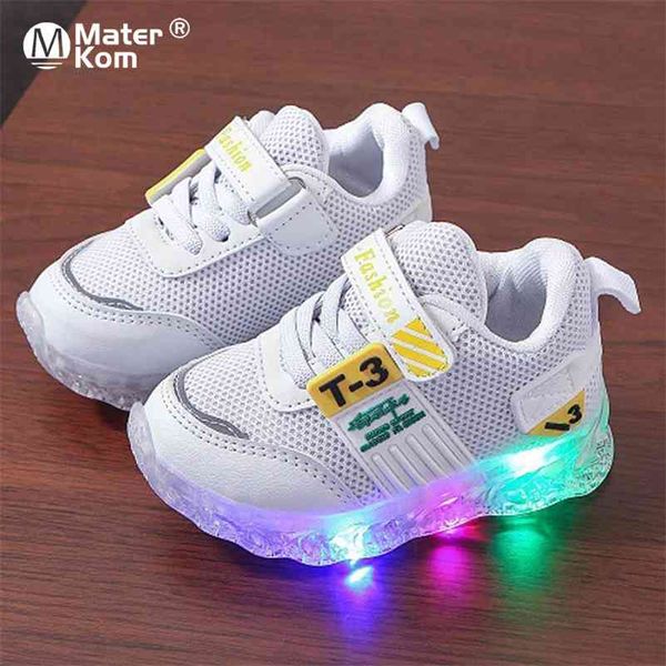 Tamanho 21-30 Meninas Respiráveis ​​Sneakers Resistentes de Desgaste Crianças LED Acenda Sapatos Bebê Sapatas Brilhantes Casuais Meninos Sapatilhas Luminosas 210329