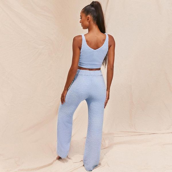 

women's two piece pants 2021 casual fashion plush sweater v-neck cropped vest trousers two-piece suit 2 set ladies autumn winter sets, White