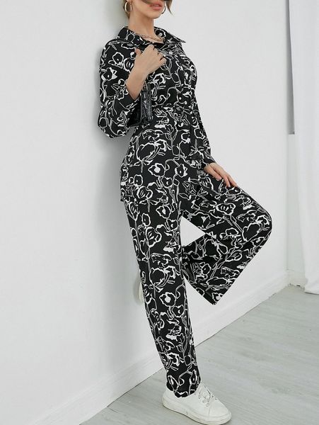 

abstract floral print belted drop shoulder blouse & pants x1f7#, White