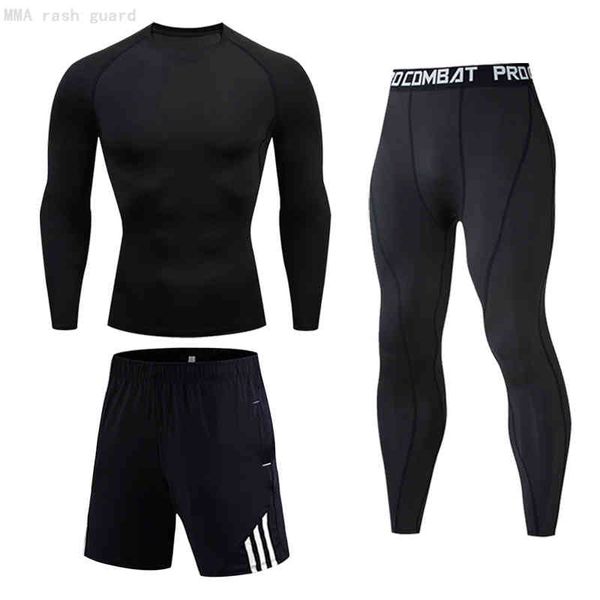

men's sportswear fitns comprsion t-shirt, tactical running tights, brand set, 3 piec / set, Gray