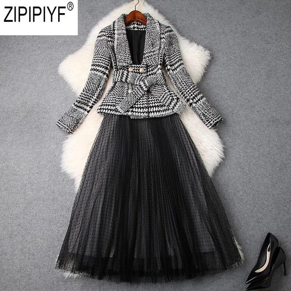 

women's two piece pants 2021 autumn winter slim turn down collar plaid woolen coat + ankle-length mesh skirt pieces suit c3123, White