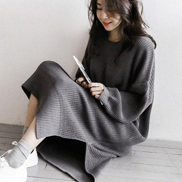 

casual dresses knit women autumn 2021 solid color slim loose lady long fashion simple korean female elegent sweater dress, Black;gray