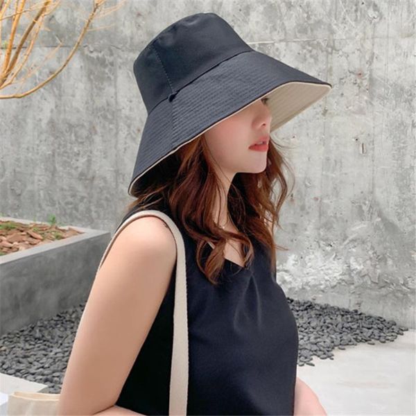 

summer caps womens fisherman's hat adjustable double sided wearable solid color sun gorras mujer wide brim hats, Blue;gray