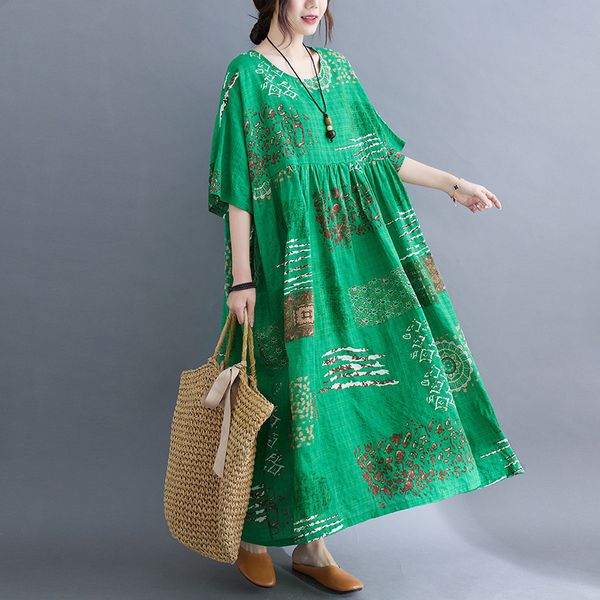 Johnature Print старинные летние женщины платья лодыжки длиной половина рукава повседневная о-шеи свободные 3 ярких цвета платья 210521