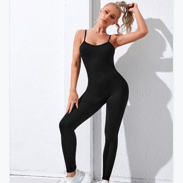

yoga outfit black seamless jumpsuit sport wear breathable elastic set female scrunch quick dry one piece for women 2021