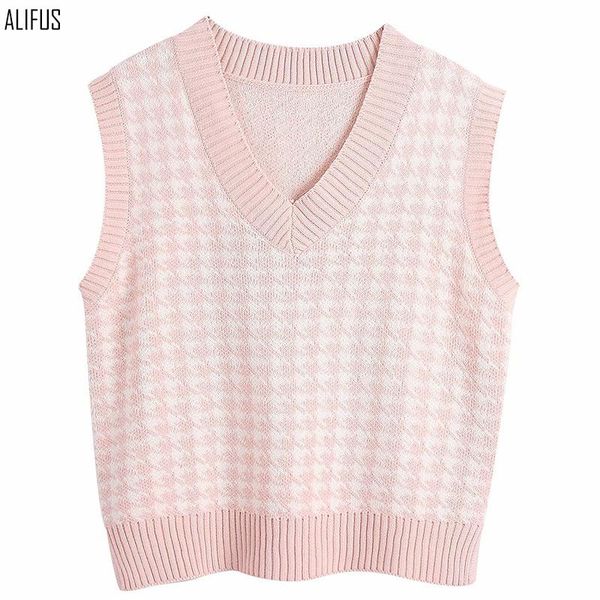 

women's vests classic contrast color houndstooth knitted vest autumn and winter casual simple sleeveless sweater top, Black;white