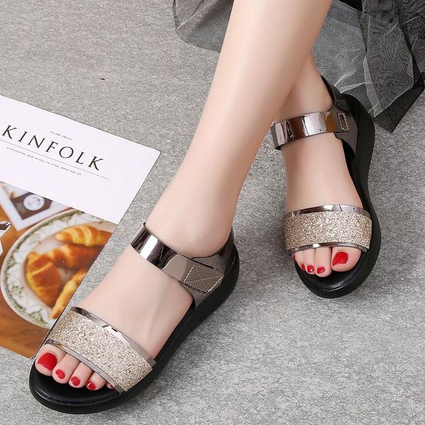 

dress shoes women'ssandals outdoor casual beach wedge heels flat opentoe fashionsequins add 4cmshockabsorptionladies shoessilver35-40, Black