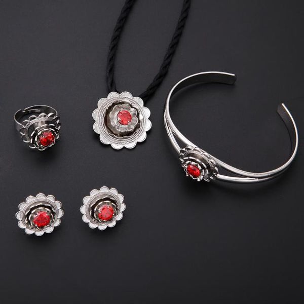 

earrings & necklace ethiopian trendy bracelet earring ring bridal flower middle east turkey egypt wedding jewelry set, Silver