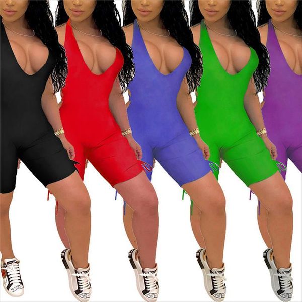 

deep v neck women romper side lace up casual playsuit skinny slim halter backless jumpsuits shorts tracksuit, Black;white