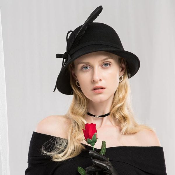 

stingy brim hats lady fedoras wool hat girls elegant woolen cap female autumn winters british women's feather adjust a41, Blue;gray