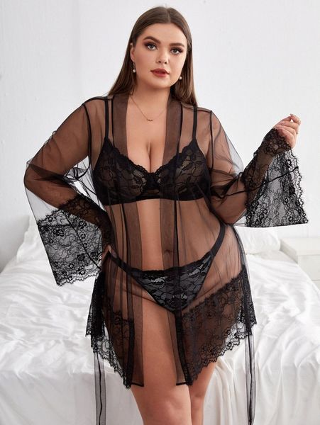

plus floral lace lingerie set with sheer mesh robe 42yq#, Black;white