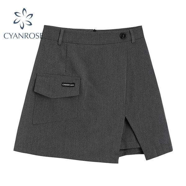 

streetwear pockets a line skirts women summer korean style split high waist mini skirt harajuku ins office ladies jupes 210430, Black