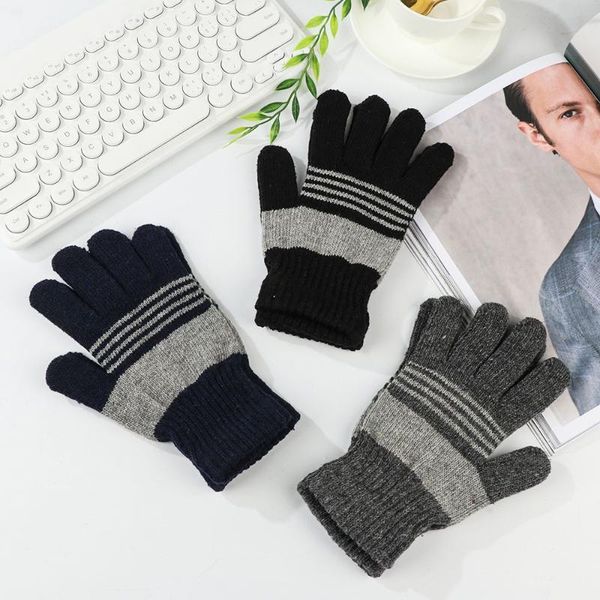 

five fingers gloves men thicken touch screen windproof short wrist hand warmer full fingered mittens knitted, Blue;gray
