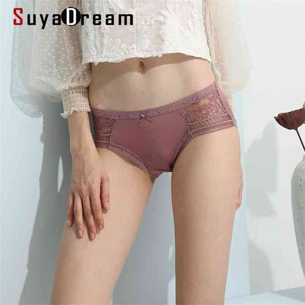 Suyadream 2 Pcs / Lot Mulheres Calcinhas 100% Natural Seda e Lace Briefs Underwear Precisa de Saúde Desgaste diário Intimates 210730