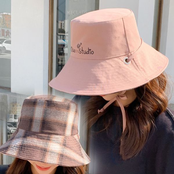 

lattice double-sided wear letters draw rope fisherman hat female sunshade big eaves hat korean version 2021 new sunscreen sun hat, Blue;gray