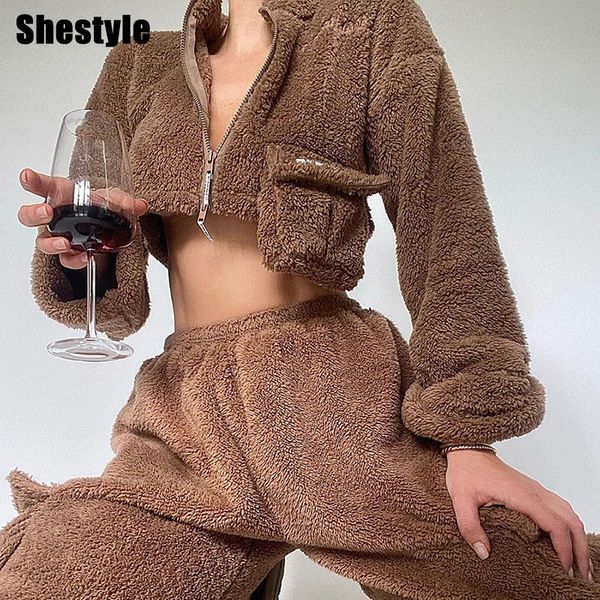 

shestyle 2 pieces set women teddy lazy style faux fure fluffing zipper pockets casual loose flannel costumn christmas 2pcsby a, Black;white