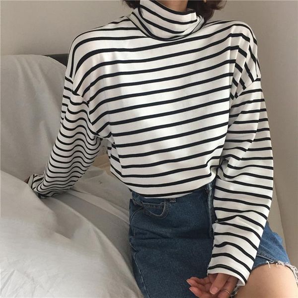 

korean style long sleeve female spring autumn version pullovers thickened high-collar bottom shirt stripe t women casual women's t-shir, White