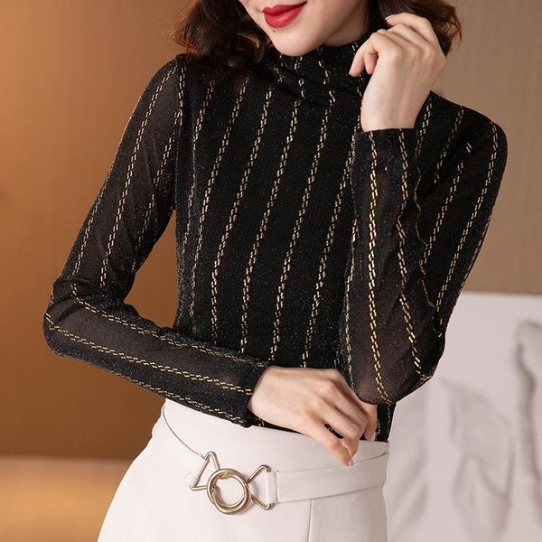 

women's swimwear autumn 2021 high collar bottomed blouse interior with foreign style small black gilded mesh long sleeved, White;black