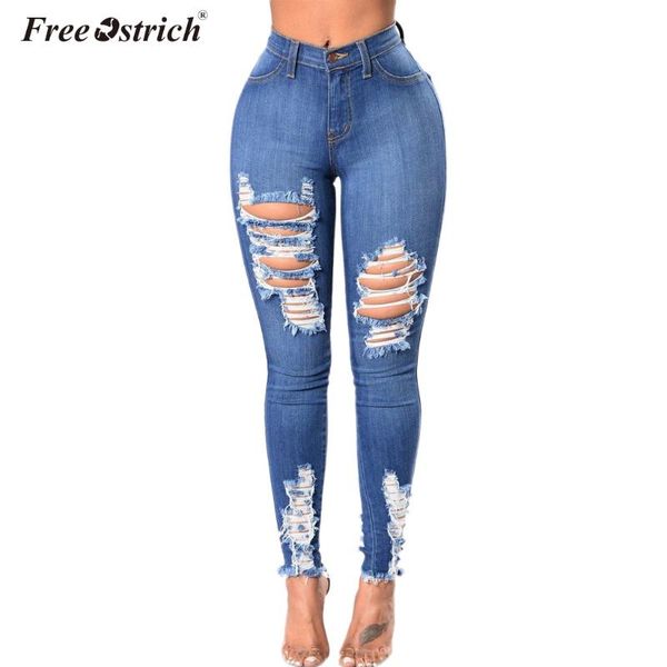 

ostrich ripped hole jeans women high waist skinny pencil blue denim pants washed stretch elastic n30 women's