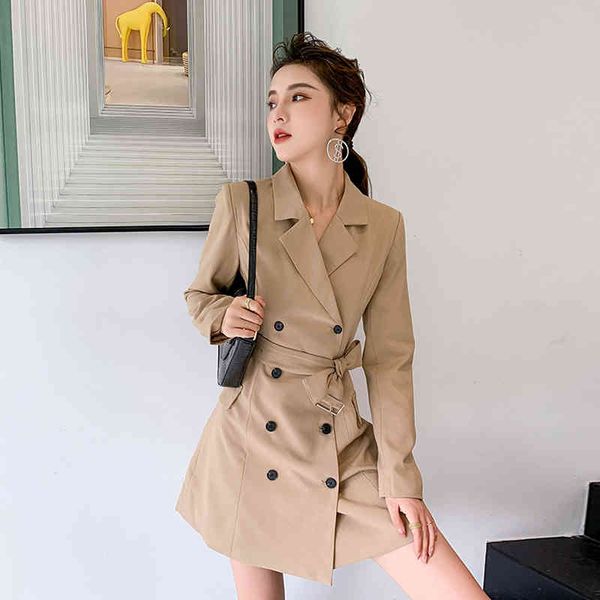 Doppio Petto Colletto Dentellato Corea Chic Donna Primavera Autunno Khaki Abiti Neri OL Abiti da Lavoro Slim Vestidos Cintura Libera 210514