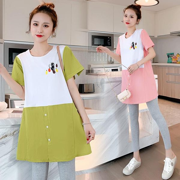 

8963# maternity dress spring autumn cotton short sleeve loose stylish pregnant women mom dresses, White