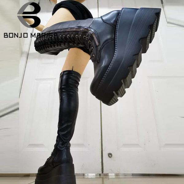 

boots bonjomarisa brand gothic designer goth over the knee women zipper platform wedges thigh high autumn ladies shoes, Black