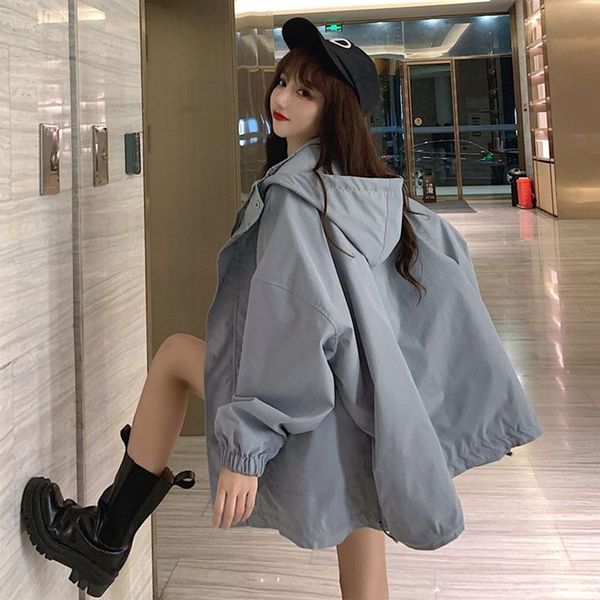 

women's trench coats spring autumn casual coat women 2021 korean fashion loose hooded tooling long sleeve windbreaker overcoat female, Tan;black