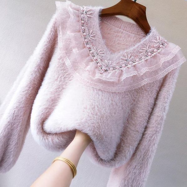 

women's sweaters 2021 women autumn winter lace stitching jumpers female v-neck sweater pullovers ladies imitation mink velvet knit m90, White;black