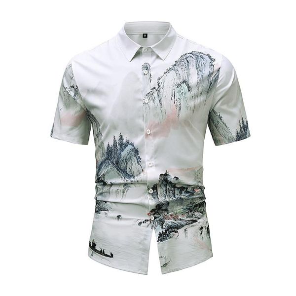 

chinese landscape painting men shirts eu size personality short sleeve fashion business office casual summer ce011 men's, White;black