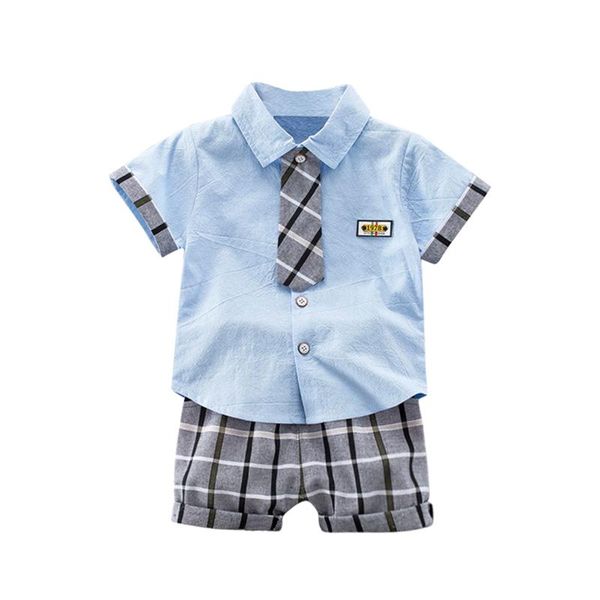 

clothing sets 2021 formal boy's set plaid lapel short sleeve t-shirt shorts two-piece suit birthday party boys clothes, White
