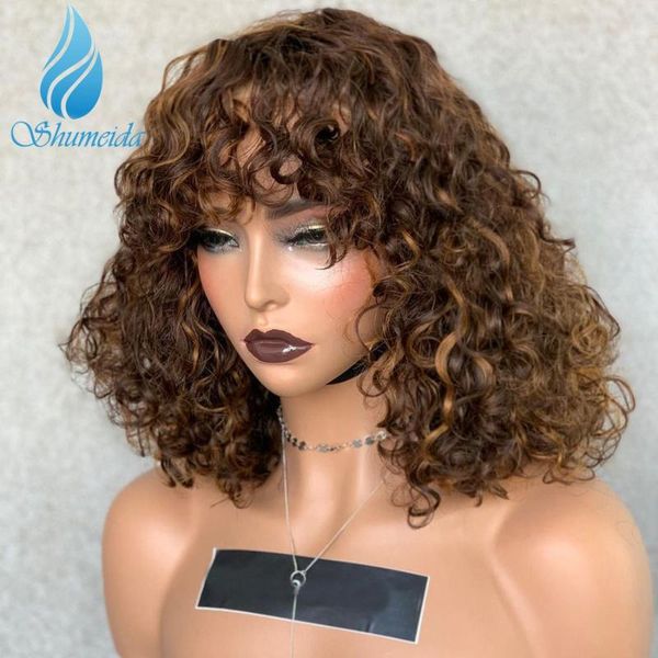 

lace wigs shumeida brown color human hair for women 180% density brazilian remy curly full machine with bangs, Black;brown