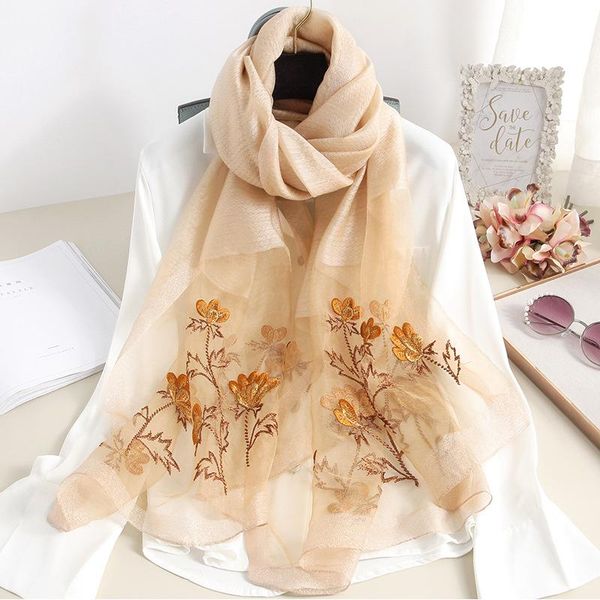 

scarves women pure silk wool scarf warm winter elegant floral embroidery smooth bufanda foulard, Blue;gray