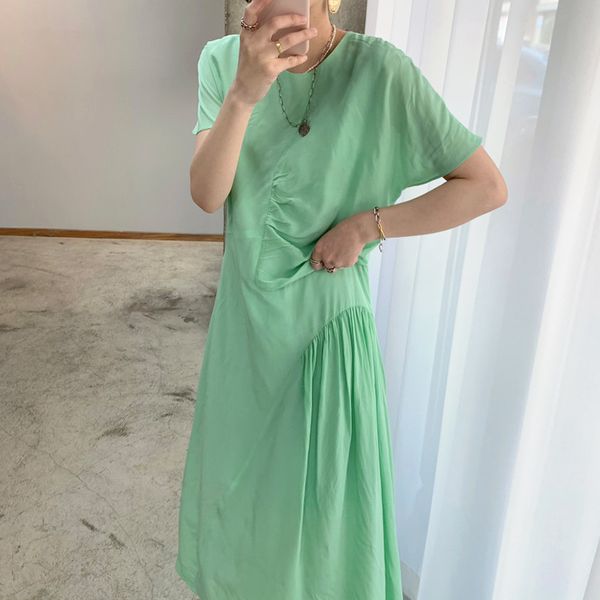 

[ewq]summer fashion temperament elegant simple o-neck pleated loose irregular solid color short-sleeved robe dress women 16f1200 210423, Black;gray