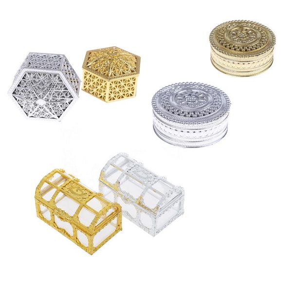 

gift wrap portable candy box european hollow gold silver treasure chest jewelry ring necklace carrying case organizer storage