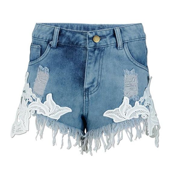 

women's shorts summer women vintage tassel high waist punk short jeans plus size female lace denim fashion casual hollow out, White;black