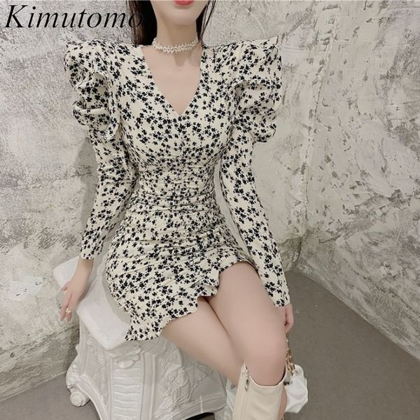 

kimutomo women fashion floral print mini dress spring autumn female v-neck ruffles slim short bodycon vestido 210521, Black;gray