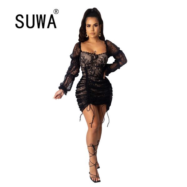 

white black see through mesh birthday dress for women long sleeve evening party club mini vestidos elegant clothes 210525