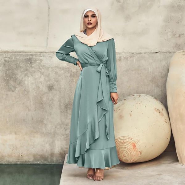 

ethnic clothing women muslim hijab dress wrap front ruffles thick satin long sleeves dubai turkey abaya party evening elegant outfit modesty, Red