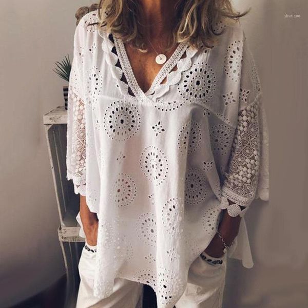

plus size women solid color v neck half sleeve hollow out lacework loose blouse summer 2021 short blouses and women's & shirts, White