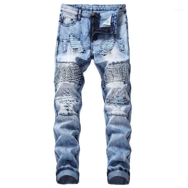 

mens fashion ripped motorcycle jeans pants patched distressed biker denim trousers for male patchwork size 28-401, Blue