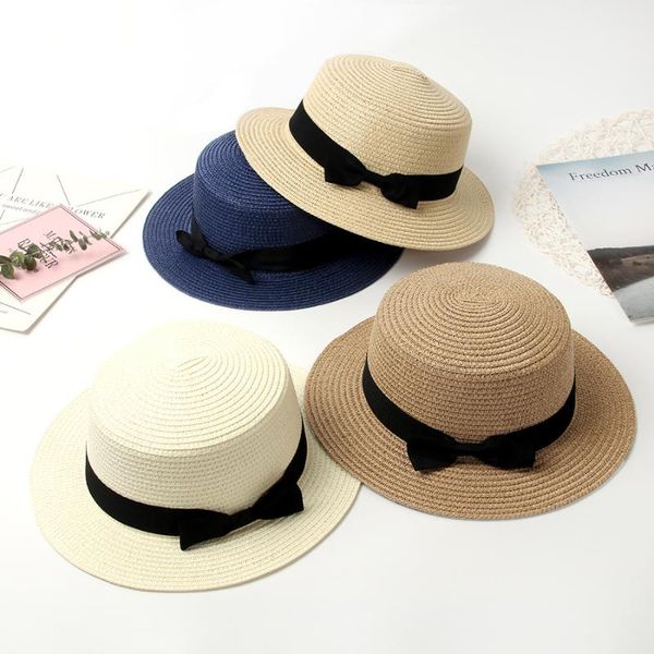 

wide brim hats summer women hat beach straw panama ladies cap fashionable handmade casual flat bowknot sun for 2021, Blue;gray