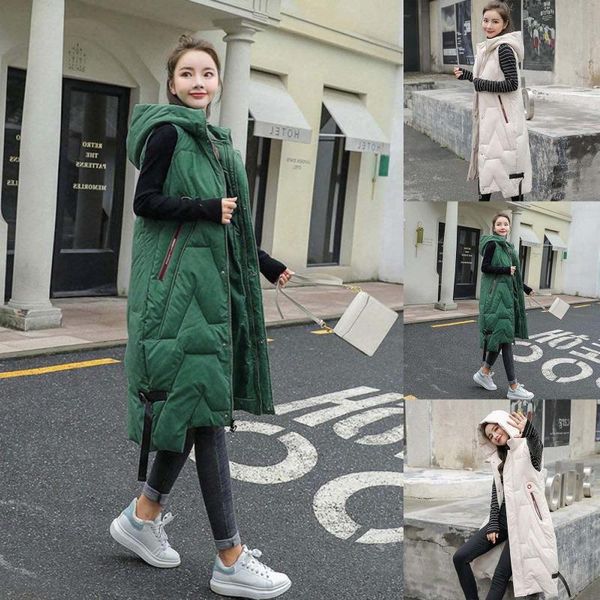 

women's vests women ladie coats winter fashion casual all-match keep warm solid color pocket zipper hooded long jacket ropa de mujer d, Black;white
